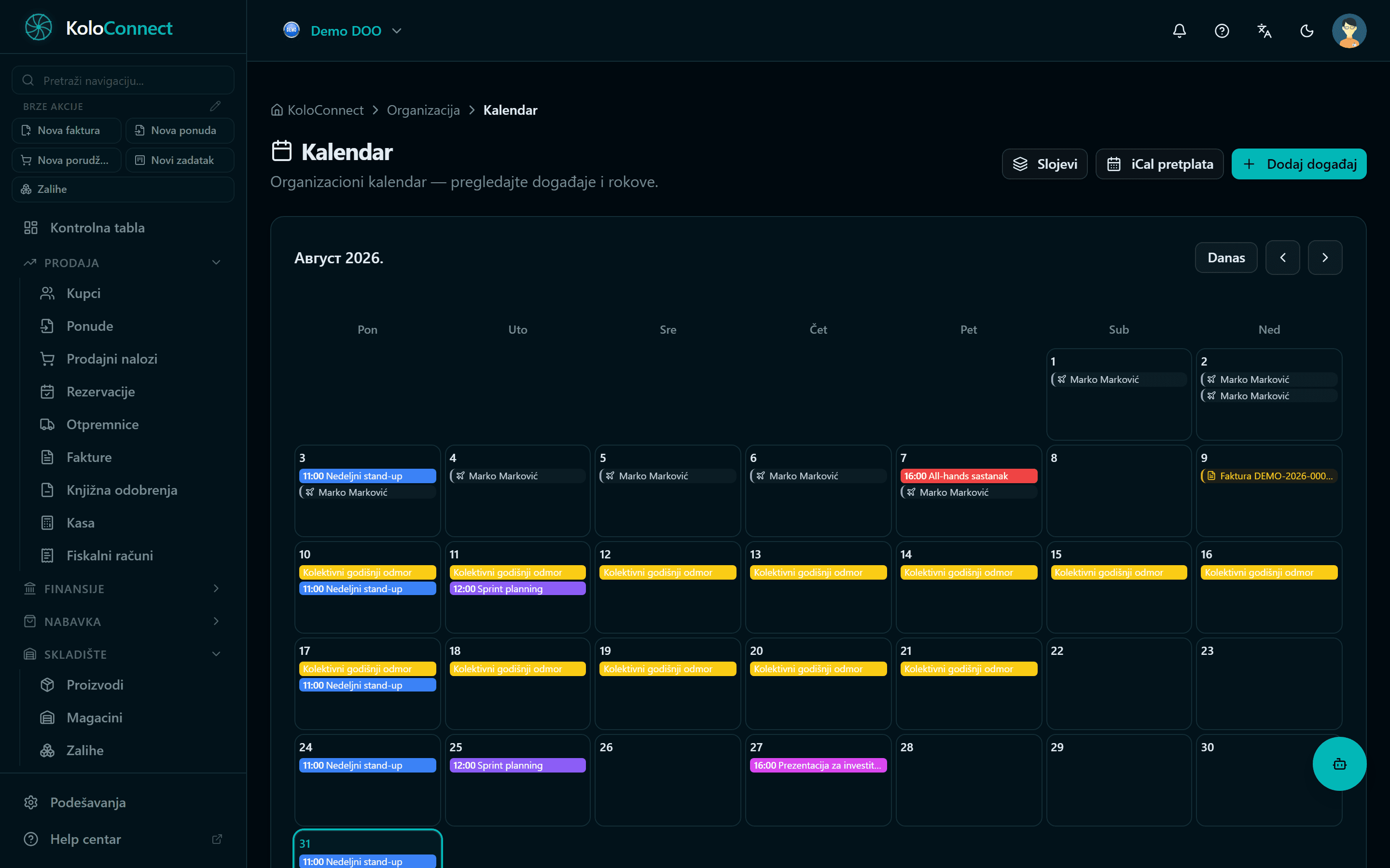 Timski kalendar sa događajima i odsustvima u KoloConnect-u