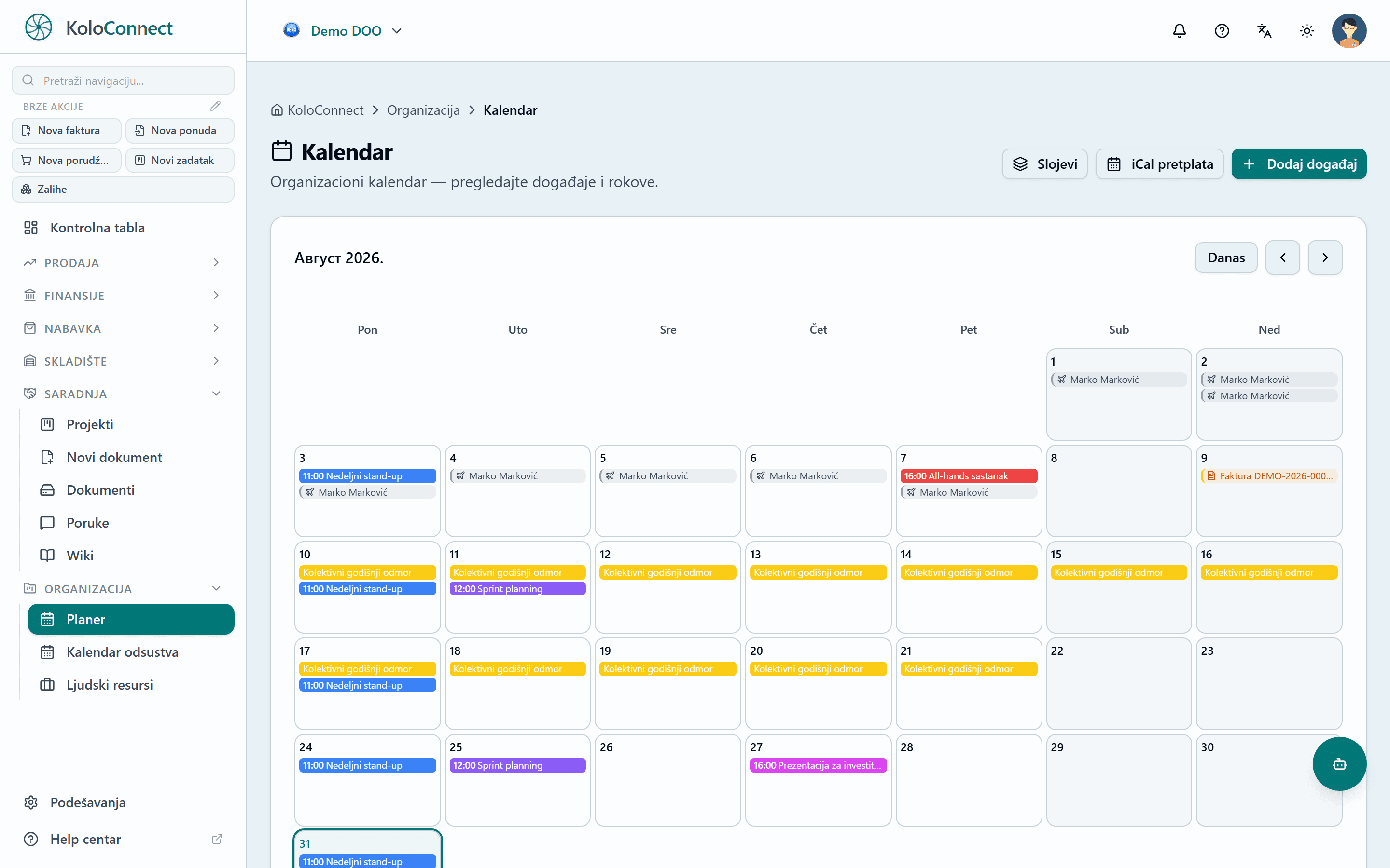 Timski kalendar sa događajima i odsustvima u KoloConnect-u