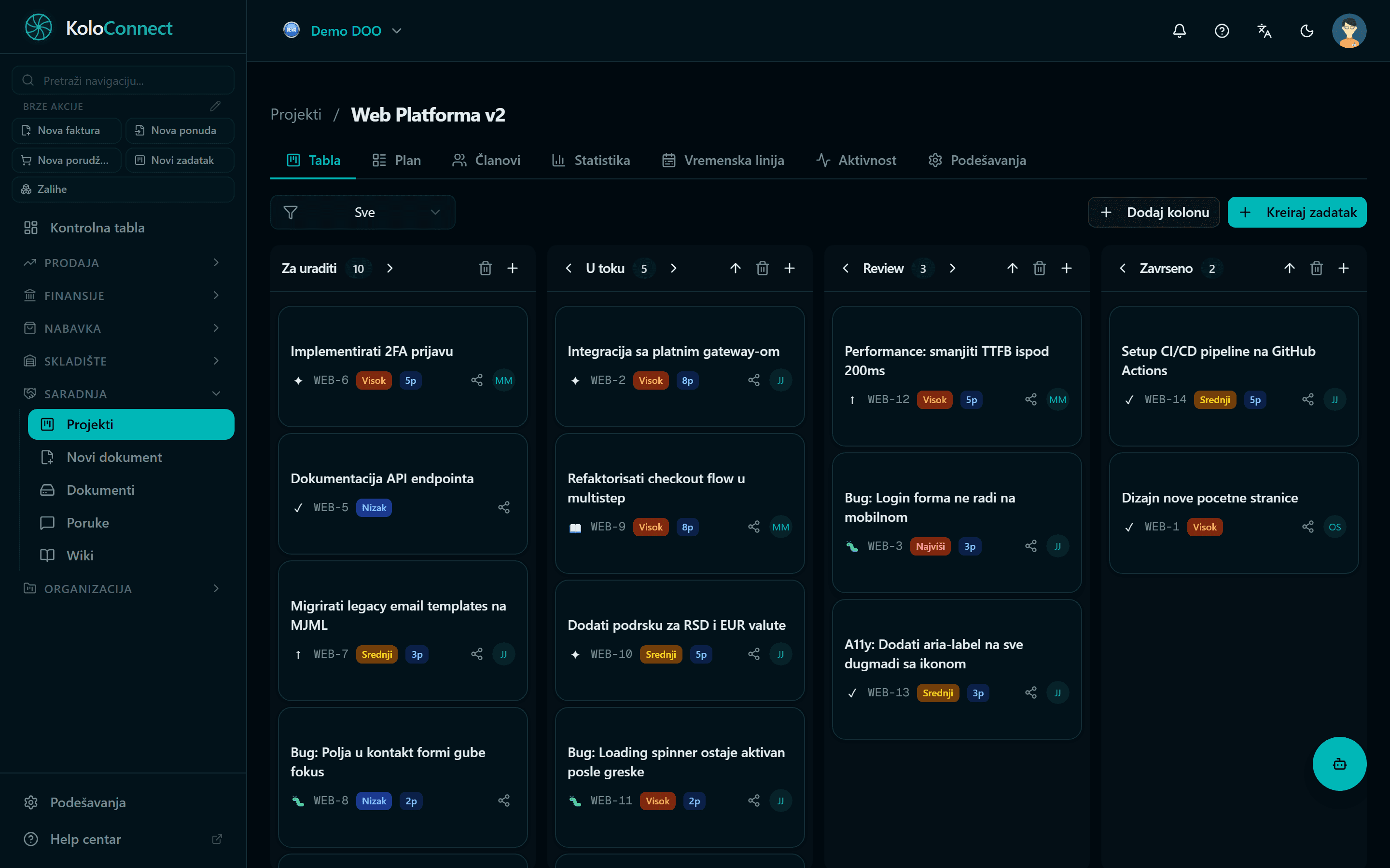 Kanban tabla sa zadacima u KoloConnect-u