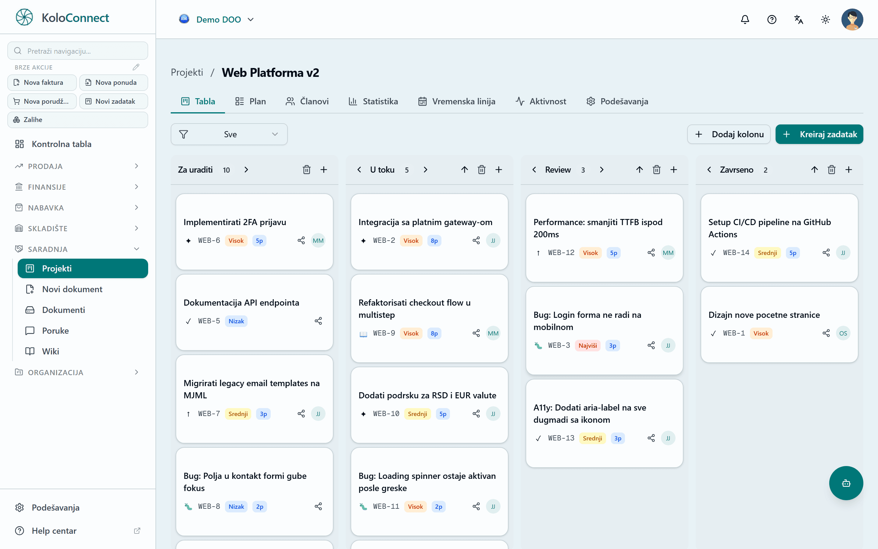 Kanban tabla sa zadacima u KoloConnect-u