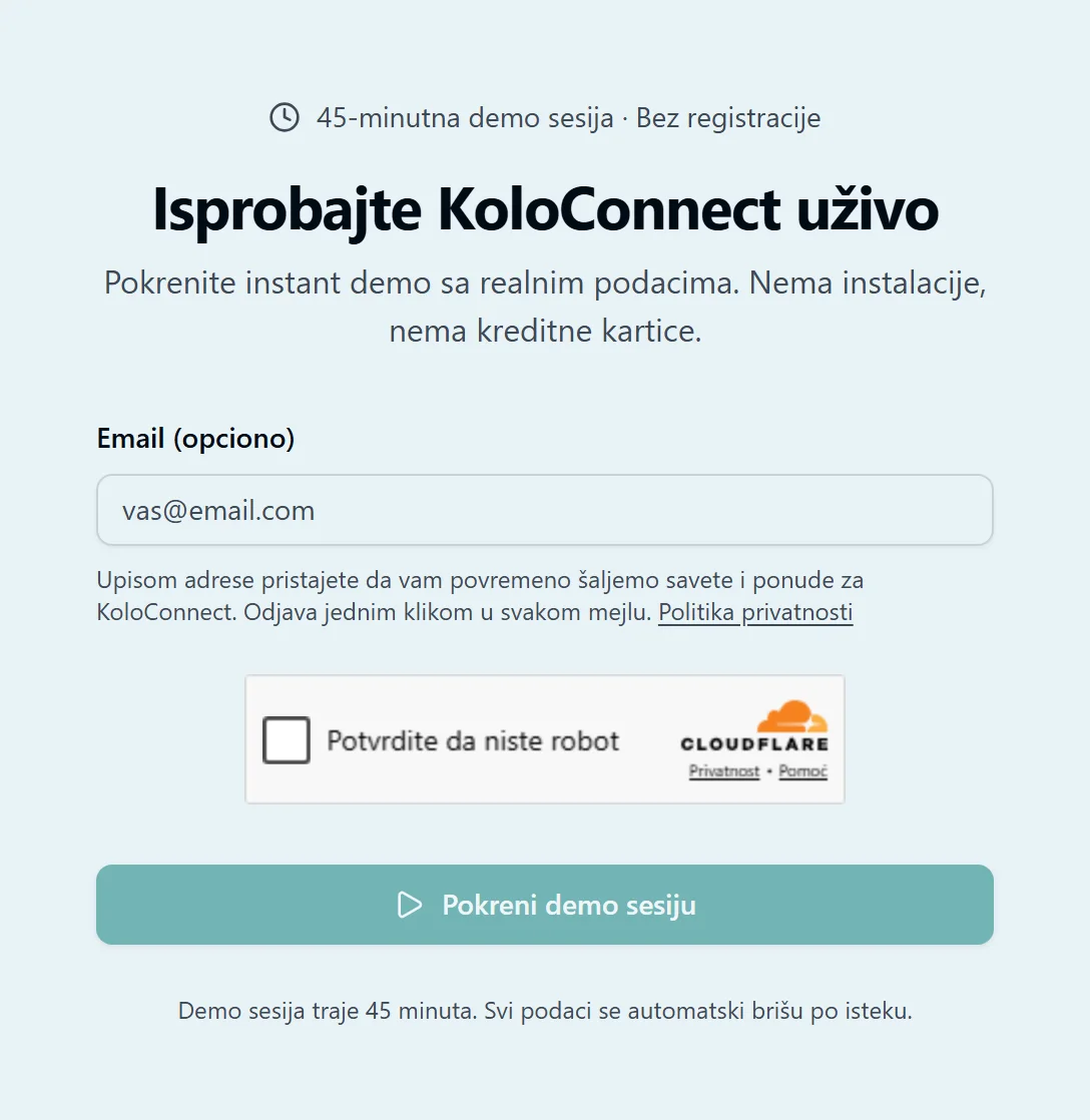 Stranica /try — pokretanje demo sesije