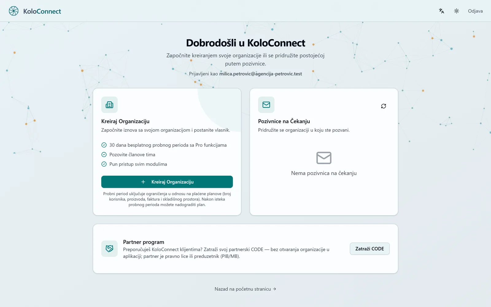 Početni ekran sa karticom Partner program