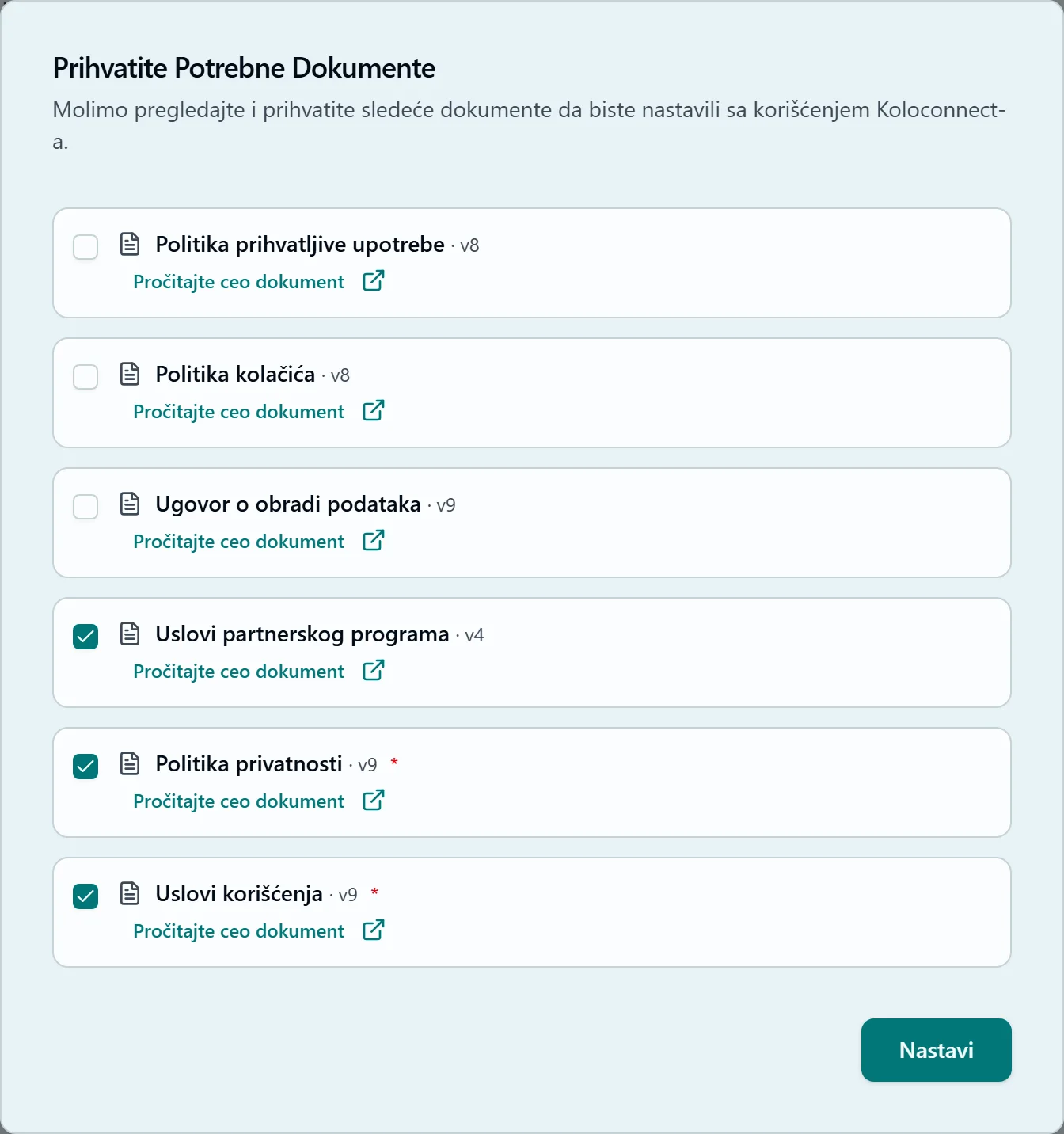 Prozor za prihvatanje uslova partnerskog programa