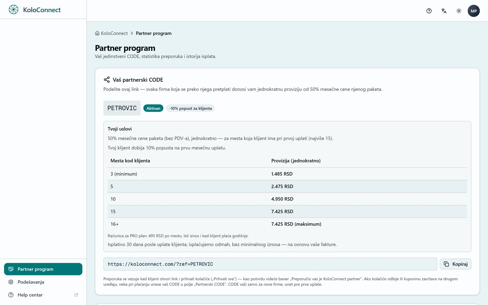 Stranica Partner program sa aktivnim CODE-om