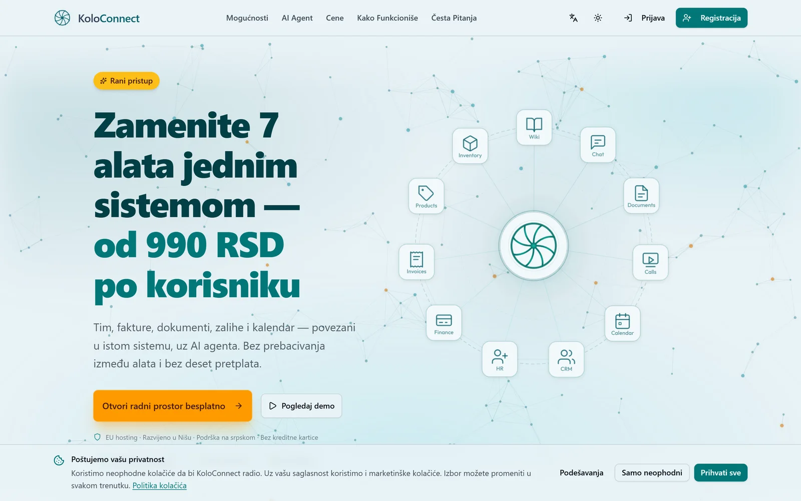 Početna strana sa partnerskim linkom i banerom o kolačićima