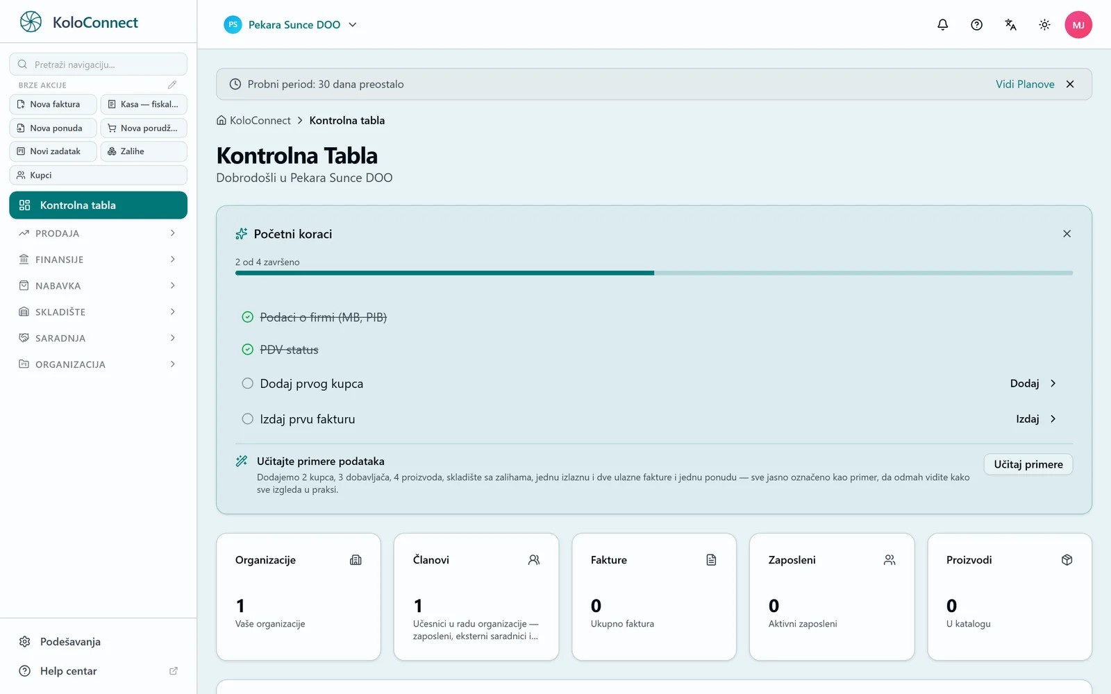 Kontrolna tabla nove firme sa listom početnih koraka