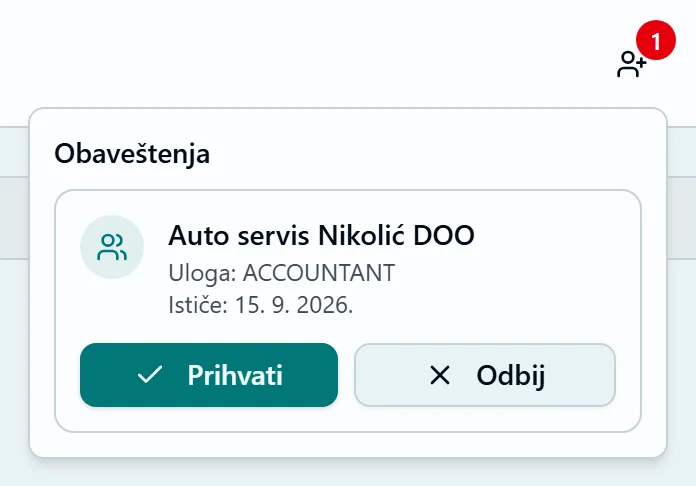 Ikona pozivnica u zaglavlju sa dugmetom Prihvati