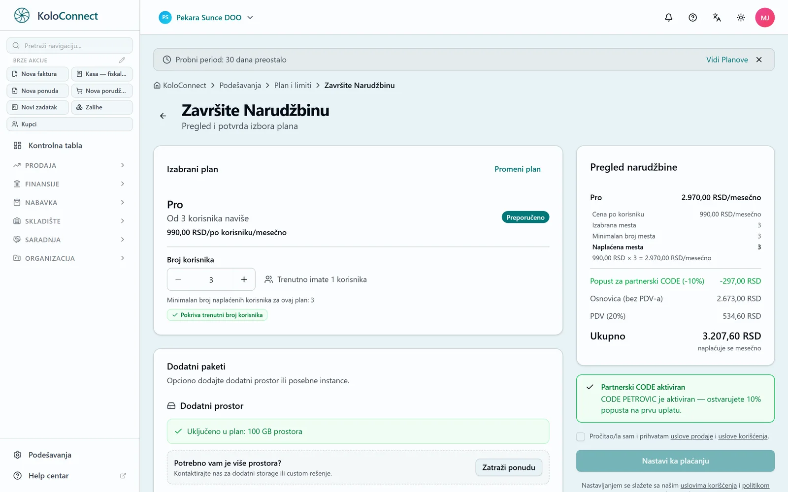 Stranica plaćanja sa primenjenim partnerskim CODE-om